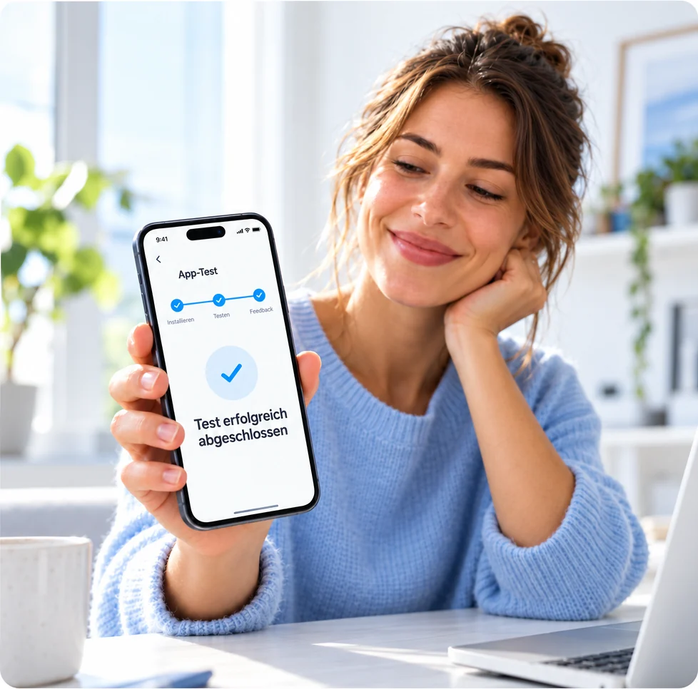 Frau zeigt auf ihrem Smartphone einen erfolgreich abgeschlossenen App-Test